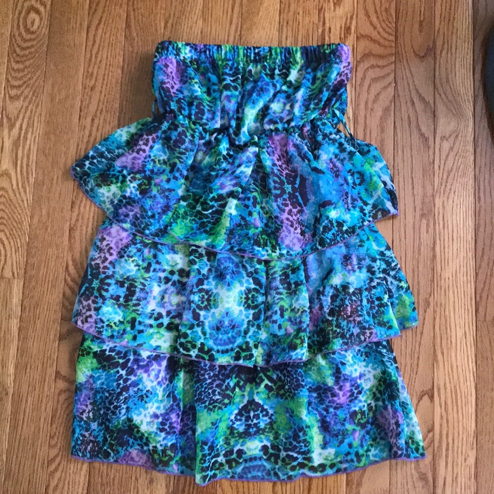 Strapless, colorful print dress